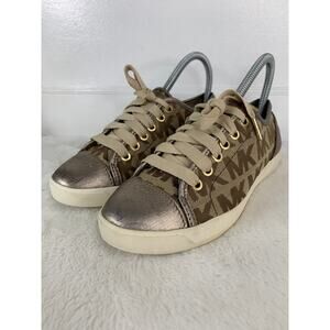 Michael Kors Monogram Gold Sneakers Women’s Size 6M Metallic Lace Up Shoes